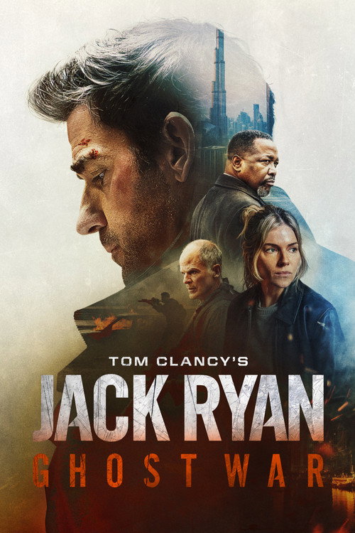 A promotional poster for "Tom Clancy's Jack Ryan: Ghost War" features a large profile of a serious-looking man with short, dark hair and a small cut on his forehead, facing left. Inside the silhouette of his head is a city skyline with a tall skyscraper, likely the Burj Khalifa, indicating a Middle Eastern setting. In front of the profile are three other characters: a middle-aged man with a stern expression and short hair, a woman with blonde hair tied back wearing a dark jacket, and a man with a goatee and mustache wearing a dark jacket, looking off to the right. Below them, there is a faint image of a soldier aiming a rifle amidst smoke and fire, suggesting military action. The title text is prominently displayed at the bottom: "TOM CLANCY'S" in small white letters, "JACK RYAN" in large, bold, white letters, and "GHOST WAR" in smaller, bold, orange letters. The overall color scheme is muted with shades of brown, gray, and blue, conveying a tense, dramatic atmosphere. A promotional poster for "Tom Clancy's Jack Ryan: Ghost War" features a large profile of a serious-looking man with short, dark hair and a small cut on his forehead, facing left. Inside the silhouette of his head is a city skyline with a tall skyscraper, likely the Burj Khalifa, indicating a Middle Eastern setting. In front of the profile are three other characters: a middle-aged man with a stern expression and short hair, a woman with blonde hair tied back wearing a dark jacket, and a man with a goatee and mustache wearing a dark jacket, looking off to the right. Below them, there is a faint image of a soldier aiming a rifle amidst smoke and fire, suggesting military action. The title text is prominently displayed at the bottom: "TOM CLANCY'S" in small white letters, "JACK RYAN" in large, bold, white letters, and "GHOST WAR" in smaller, bold, orange letters. The overall color scheme is muted with shades of brown, gray, and blue, conveying a tense, dramatic atmosphere.
