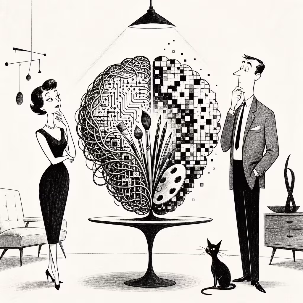 A black and white illustration depicts a man and a woman standing on either side of a round table with a large brain sculpture on it. The brain is split into two halves: the left half is composed of intricate circuits, wires, and electronic components, symbolizing logic and technology; the right half is made up of pixelated squares and contains various paintbrushes and an artist's palette, representing creativity and art. The woman on the left wears a fitted black dress, pearl necklace, and high heels, with her hand thoughtfully touching her chin. The man on the right is dressed in a suit and tie, also with a hand on his chin, appearing contemplative. A black cat sits near the man's feet. The setting is a mid-century modern room with a minimalist chair, a mobile hanging from the ceiling, a sideboard with a decorative sculpture, and a single overhead light illuminating the brain sculpture.