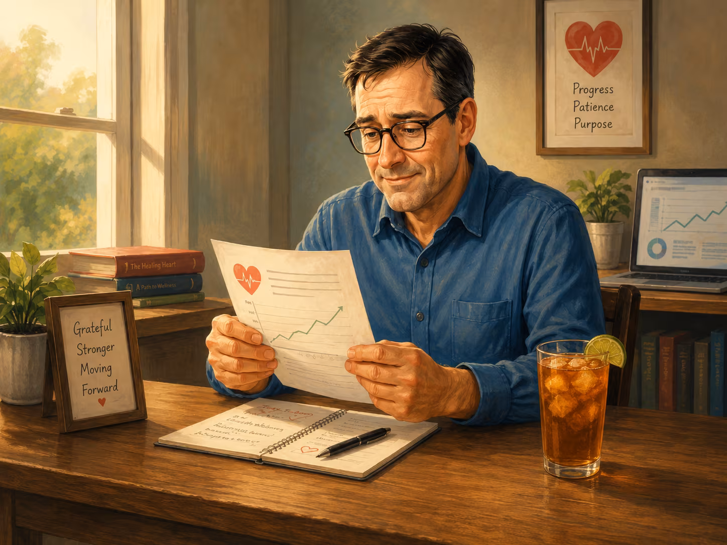 A middle-aged man with dark hair and glasses sits at a wooden desk in a warmly lit room, looking thoughtfully at a paper he holds with both hands. The paper features a red heart with a white heartbeat line and a green upward trending graph. He wears a blue button-up shirt. On the desk in front of him is an open notebook with handwritten notes and a black pen resting on it. To his right is a tall glass of iced tea with a lime wedge on the rim. To his left, a small potted plant and a framed sign read "Grateful Stronger Moving Forward" with a small red heart at the bottom. Behind him on the wall is a framed picture of a red heart with a heartbeat line and the words "Progress Patience Purpose." A laptop on a side table displays a similar graph. Books titled "The Healing Heart" and "A Path to Wellness" are stacked near the window, through which sunlight filters, casting a warm glow. The overall atmosphere is calm and reflective.