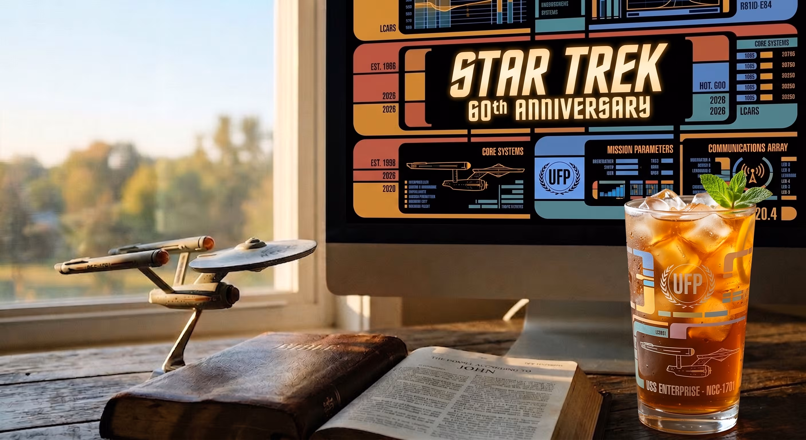 A model of the USS Enterprise, an open Bible and a Star Trek-themed glass of iced tea sit on a wooden desk beside a window. A monitor displays a colorful Star Trek 60th Anniversary interface.