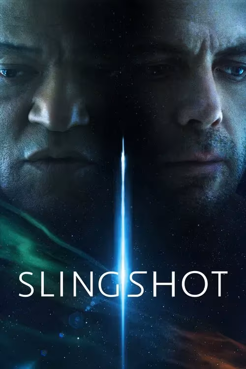 The image features two men's faces in close-up, positioned side by side with a narrow vertical bright light dividing them in the center. The man on the left has darker skin, short hair, and a serious expression, looking slightly downward. The man on the right has lighter skin, short hair, and a similarly serious, contemplative expression, also looking downward. The background is dark with a subtle cosmic or space-like texture, including faint stars and nebulous green and orange light streaks. Below the faces, the word "SLINGSHOT" is written in large, white, modern sans-serif capital letters, centered horizontally. The overall mood is intense and dramatic, suggesting a science fiction or thriller theme.