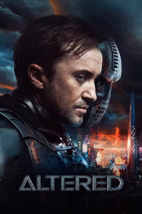 A close-up side profile of a man with short brown hair and light facial stubble, wearing a dark armored suit with metallic elements. His expression is serious and contemplative. Behind him, partially obscured by shadows, is a futuristic, metallic helmet or mask with a sleek, vented design covering the face. The background features a dark, cloudy sky with hints of orange and blue, suggesting a dramatic or dystopian atmosphere. Below the man, a neon-lit cityscape with tall buildings and glowing signs in various colors, including red, blue, and orange, creates a cyberpunk aesthetic. The word "ALTERED" appears prominently at the bottom in bold, metallic letters.
