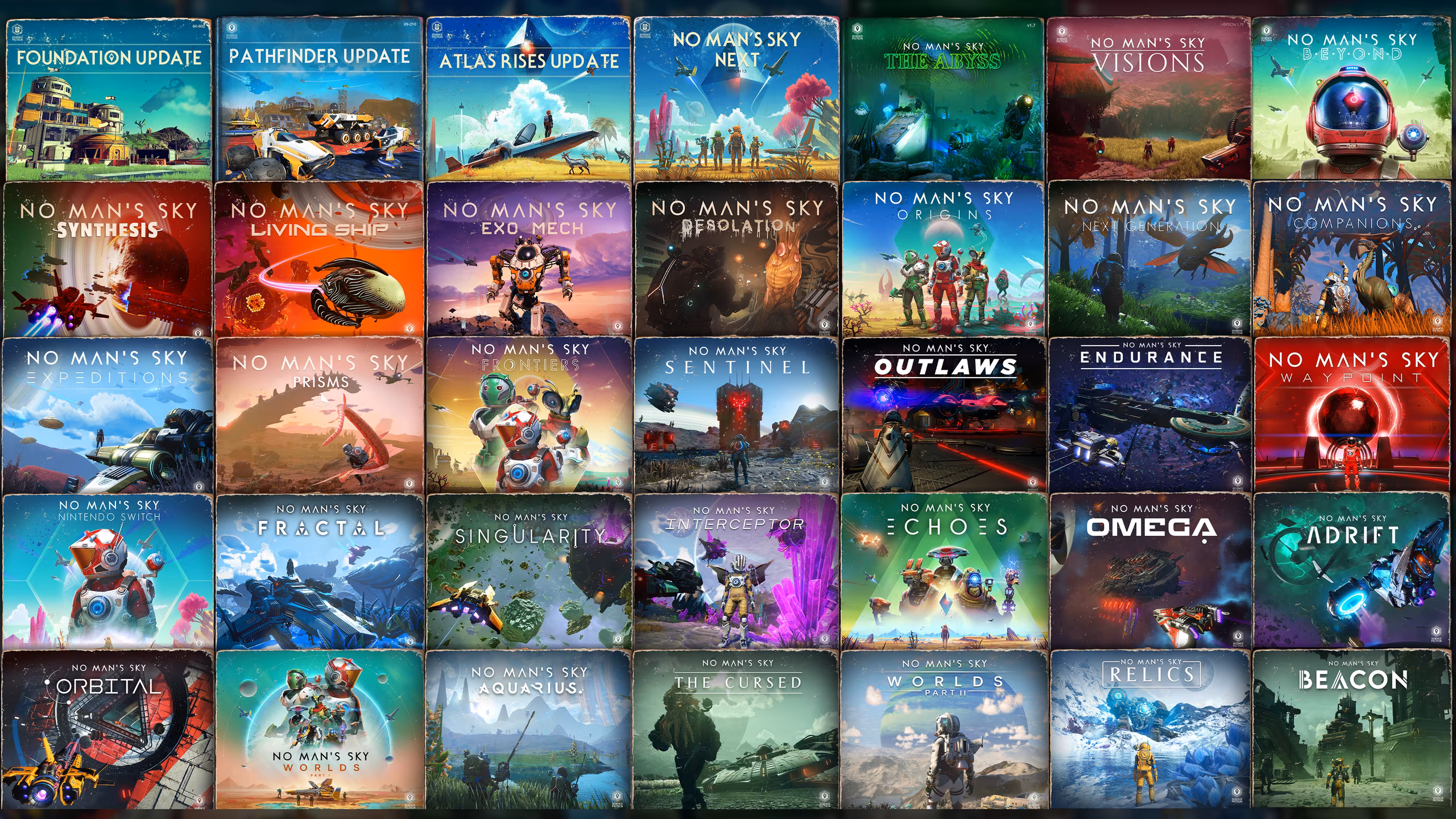 A collage of 35 square cover images for various updates and expansions of the video game "No Man's Sky." Each cover features distinct artwork and titles, arranged in a 5 by 7 grid. The covers include:Top row: 1. "Foundation Update" with a futuristic building and a green landscape.2. "Pathfinder Update" showing futuristic vehicles on a rocky terrain.3. "Atlas Rises Update" with a spaceship and a person standing on a grassy hill under a blue sky.4. "No Man's Sky Next" featuring four characters in space suits on an alien planet with a large blue geometric shape in the sky.5. "No Man's Sky The Abyss" depicting underwater exploration with divers and aquatic creatures.6. "No Man's Sky Visions" showing two figures walking in a red, alien landscape.7. "No Man's Sky Beyond" with a close-up of a red space helmet and a small floating drone.Second row:1. "No Man's Sky Synthesis" with a spaceship flying near a red planet.2. "No Man's Sky Living Ship" showing a biomechanical spaceship w