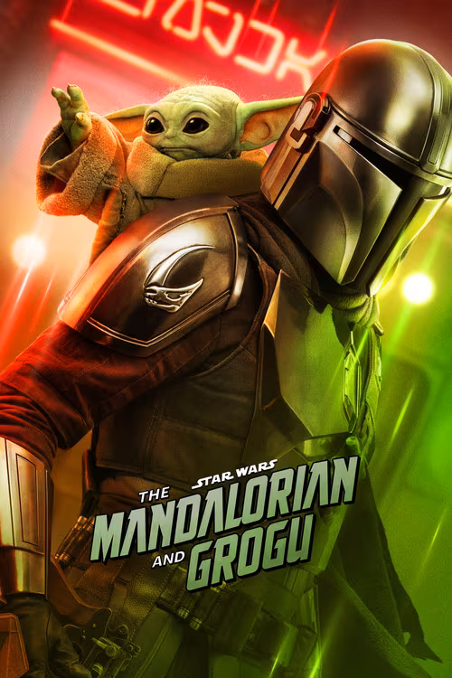 A promotional image featuring two characters from the Star Wars series "The Mandalorian." In the foreground is the Mandalorian, a figure clad in shiny, reflective silver armor with a helmet covering his entire face, showing no facial features. His armor includes a shoulder plate with a distinctive emblem resembling a bird or creature. He is looking slightly to the right. On his back is Grogu, a small green alien with large ears, big black eyes, and three fingers on each hand. Grogu is wearing a brown robe with a high collar and is reaching out with his left hand. The background is a mix of red and green neon lights with blurred shapes, creating a futuristic, vibrant atmosphere. The text "THE STAR WARS MANDALORIAN AND GROGU" is prominently displayed in bold, stylized letters across the lower center of the image.