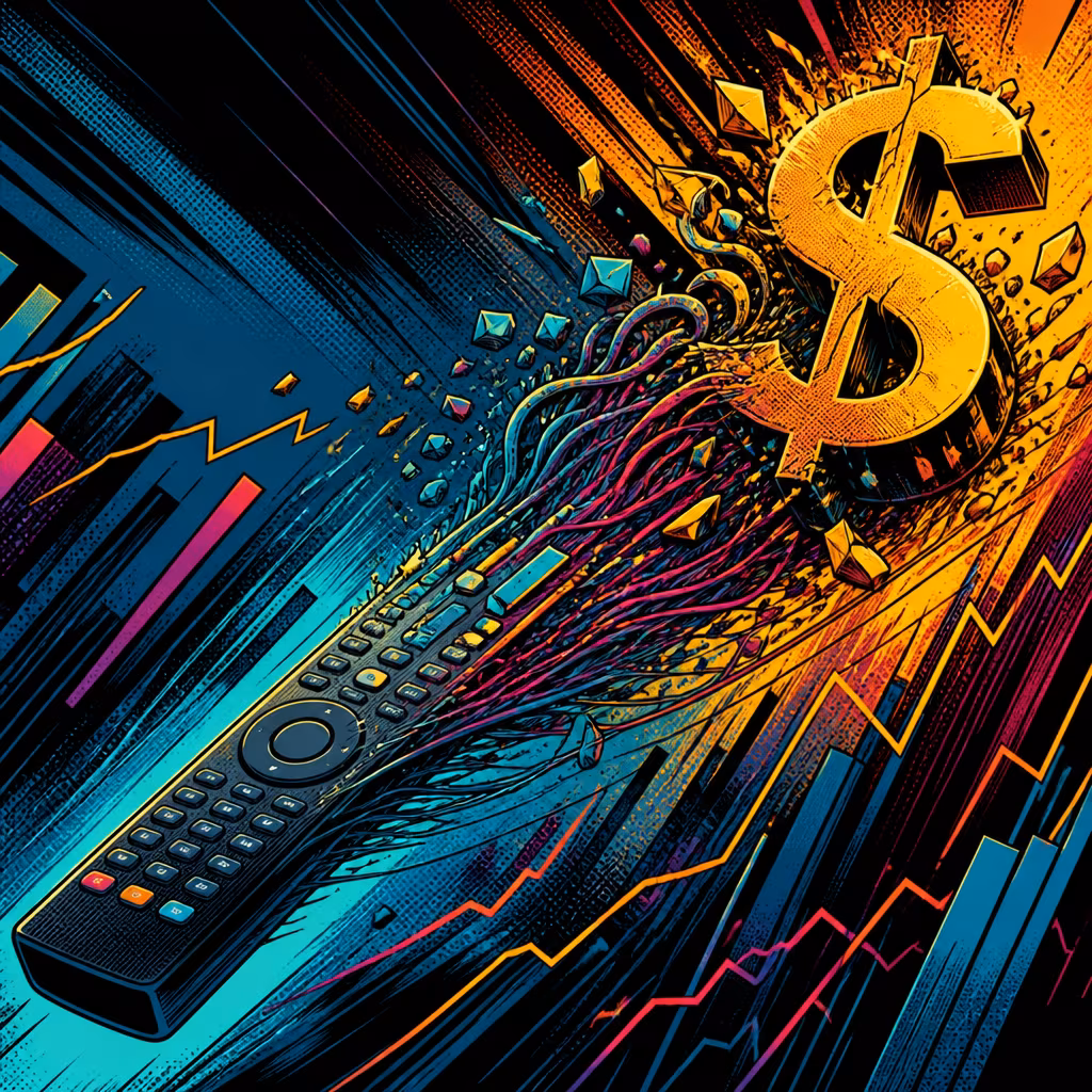 A dynamic, colorful digital illustration features a black remote control with numerous buttons, angled diagonally from the bottom left toward the top right. From the remotes top end, vibrant, tangled wires and geometric shapes in shades of purple, blue, and yellow burst outward, transforming into a large, three-dimensional golden dollar sign ($) that appears to be exploding or emerging with energy. The background is a mix of dark blues and blacks with abstract vertical bars and jagged lines in bright colors like pink, orange, and yellow, resembling financial charts or stock market graphs. The overall style is bold and graphic, with a sense of motion and energy connecting technology and financial growth.