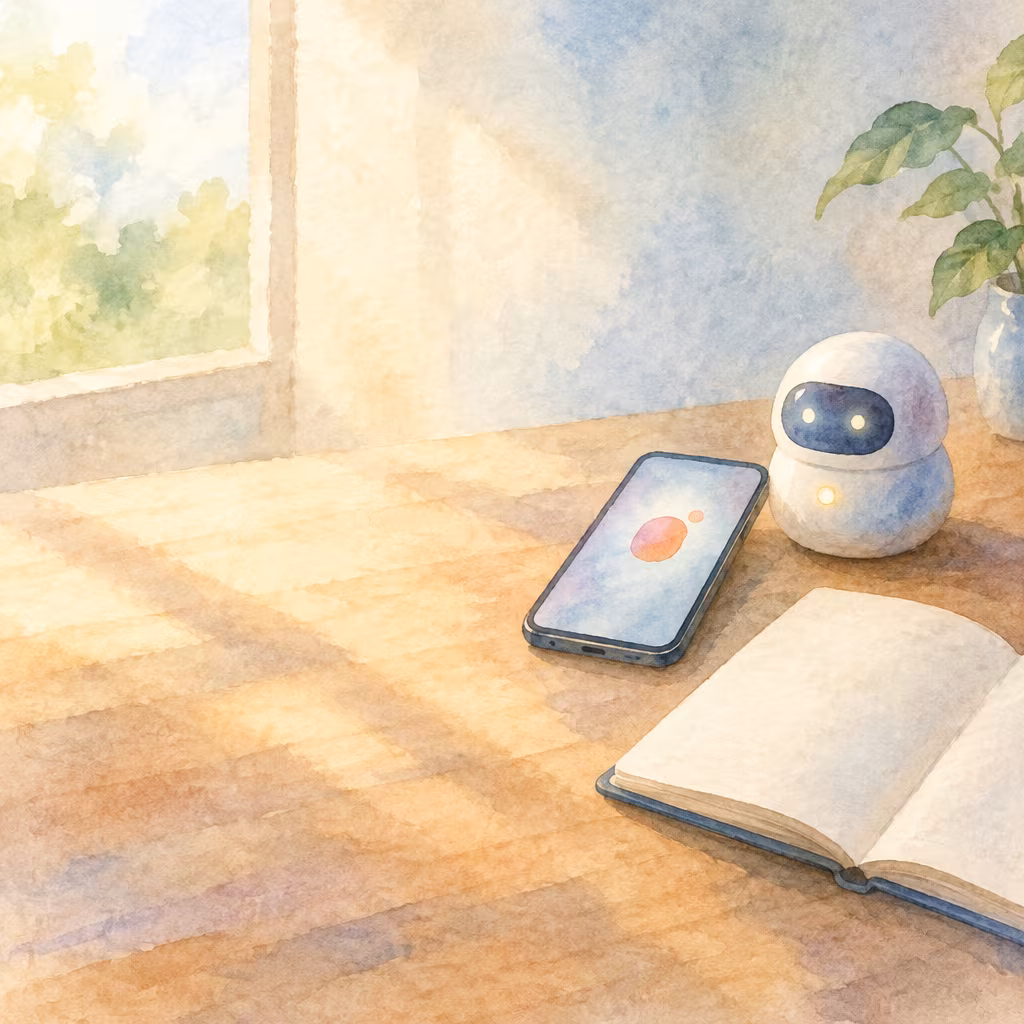 A soft watercolor illustration of a sunlit wooden desk beside a large window, with leafy green trees visible outside. Warm golden light and long window shadows fall across the tabletop. A small rounded white robot sits near the back right; its dark oval face has two glowing eyes, and a yellow light glows on its chest. A smartphone lies tilted screen-up in front of it, displaying a simple coral-colored planet-like shape and a small dot. An open, blank book rests in the foreground at right, and green plant leaves enter from the upper-right corner. No readable text or people are visible.