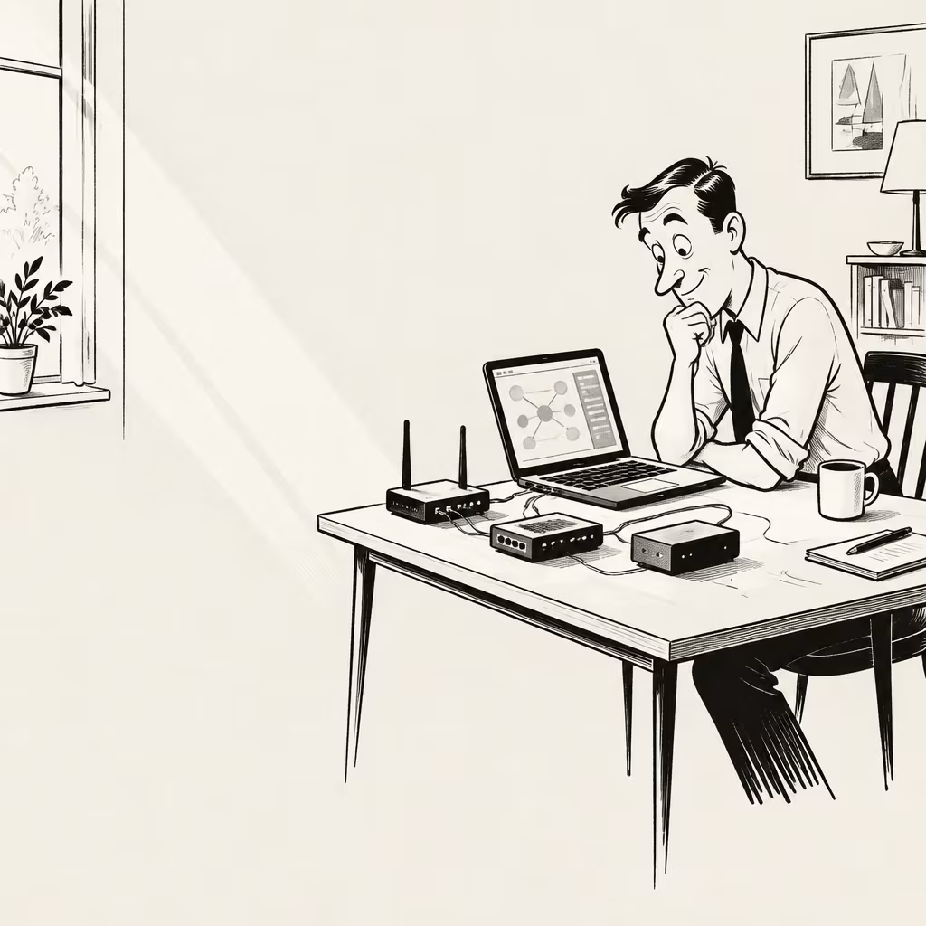 Black-and-white line illustration of a man seated at a table in a bright home office. Wearing a collared shirt and dark tie, he leans forward with his chin resting on one hand and studies an open laptop. Its screen shows a central node connected by lines to several surrounding circles, alongside a small sidebar with indistinct markings. Three small electronic network devices sit on the table, including a router with two upright antennas; cables connect them to one another and the laptop. A mug, pen, and papers are nearby. Sunlight streams through a window on the left, where a potted plant sits on the sill. In the background are a framed picture of sailboats, a lamp, a bookshelf, and a chair. No legible text is visible.