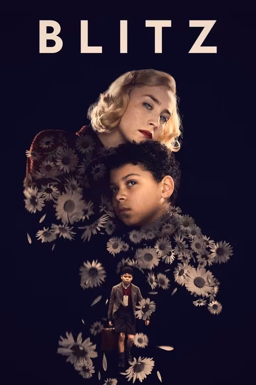 A dark navy movie-poster-style image with the large cream-colored title “BLITZ” across the top. Below, a blonde woman with curled hair and red lipstick leans close behind a young boy with short dark curly hair; both look toward the viewer with serious expressions. Their upper bodies merge into a dramatic trail of pale, daisy-like flowers and leaves that sweeps diagonally downward across the dark background. At the bottom center, a much smaller full-length boy in a dark coat and shorts stands facing forward, holding a small suitcase. No other text is visible.